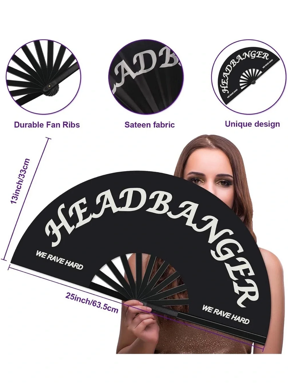 Large Rave Folding Clack Handheld Fan with White Lettering
